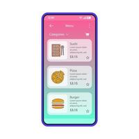 modèle de vecteur d'interface de smartphone d'application de livraison de nourriture. Disposition de conception bleue de la page d'écran mobile. application de commande en ligne de sushis, pizzas, hamburgers. interface utilisateur plate dégradée. options de menu de restaurant affichage du téléphone