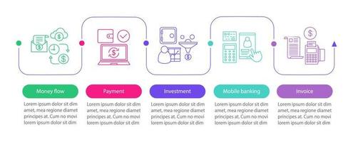 modèle d'infographie vectorielle bancaire. services financiers. flux d'argent, paiement, investissement, facture. visualisation des données avec cinq étapes et options. graphique chronologique du processus. mise en page du flux de travail avec des icônes vecteur