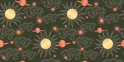 modèle sans couture céleste étoile avec soleil et constellations. astrologie magique dans un style bohème vintage. soleil doré avec rayons, nuages et planètes. illustration vectorielle. vecteur