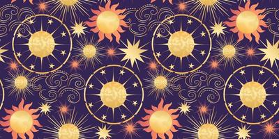 modèle sans couture céleste d'étoile avec le soleil et la planète. astrologie magique dans un style bohème vintage. soleil doré avec rayons et étoiles. illustration vectorielle vecteur