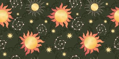 modèle sans couture céleste étoile avec soleil et constellations. astrologie magique dans un style bohème vintage. soleil doré avec rayons et étoiles. illustration vectorielle. vecteur