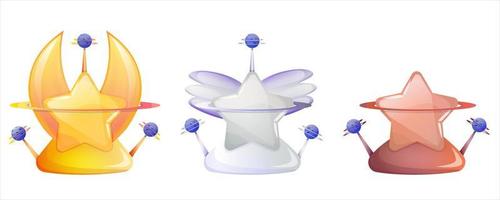 classement du jeu, classement par étoiles pour terminer les niveaux. étoile d'or, d'argent et de bronze avec des planètes pour la conception d'interface utilisateur de jeu spatial. illustration de vecteur de dessin animé. prix de niveau supérieur