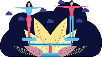 illustration vectorielle plate de l'égalité des sexes, femme et homme debout sur une balance de poids vecteur
