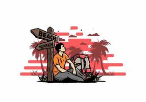 homme assis sur le sol à côté du panneau indiquant la plage et la montagne illustration vecteur