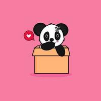 panda mignon à l'intérieur de l'illustration de mascotte de dessin animé de boîte. conception d'une mascotte animale pour un livre de contes, une animation ou un vecteur premium de produit imprimé