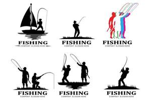 vecteur d'icône de logo de pêche, attraper du poisson sur le bateau, conception de silhouette de coucher de soleil en plein air