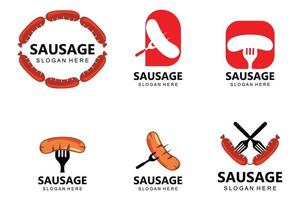 symbole de vecteur de logo de saucisse grillée, viande de barbecue, concept rétro