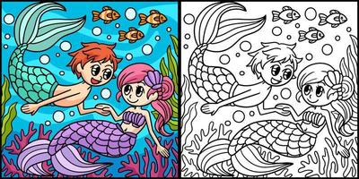 coloriage sirène et triton coloré vecteur