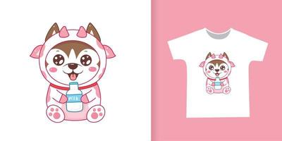 chien mignon en dessin animé de costume de vache pour t-shirt. vecteur