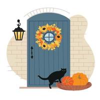 couronne d'automne. couronne de feuilles sur la porte. ambiance d'automne. Halloween. citrouilles et chat noir. image vectorielle. vecteur