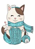 chat à tricoter avec accessoires tricotés et illustration vectorielle de boules de fil vecteur