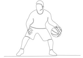 dessin au trait continu d'un homme jouant au basket vecteur