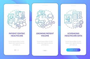 défis auxquels sont confrontés l'écran d'application mobile d'intégration de gradient bleu de soins de santé. pages d'instructions graphiques en 3 étapes avec des concepts linéaires. ui, ux, modèle d'interface graphique. vecteur