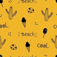 impression jaune d'été sans couture. motif de doodle vectoriel avec cactus, plage, crème glacée, coquillage. fond de griffonnage.