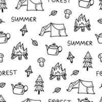 camping sans couture de modèle de doodle d'été. randonnée d'impression vectorielle dessinée à la main, feu de camp, tente, forêt, champignons. fond de vacances d'été noir et blanc. vecteur