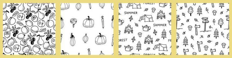ensemble de motifs de doodle d'été avec fruits, légumes, camping, randonnée. vecteur imprimés dessinés à la main, arrière-plans pour textile, tissu, papier.
