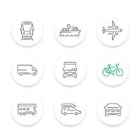 icônes de ligne de transport, voiture, van, bus, train, avion, bateau, ensemble d'icônes rondes, illustration vectorielle vecteur
