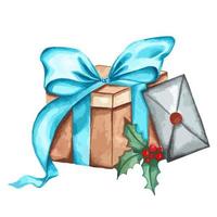 illustration à l'aquarelle d'une boîte cadeau avec un arc bleu et une lettre pour célébrer le nouvel an et noël vecteur