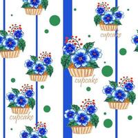 paniers à gâteaux à motif harmonieux à l'aquarelle, cupcakes, muffins décorés de trois fleurs bleues sur fond bleu rayé élégant imprimé floral pour tissu, journal intime, linge de lit, menu, sacs vecteur