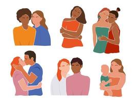 des gens contemporains abstraits hommes, femmes, enfants s'embrassent. le concept d'amour, d'amitié, d'unité, de maternité. belles filles en robes d'été. graphiques vectoriels. vecteur
