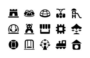 icônes de glyphe de terrain de jeu comprenant château, carrousel, dôme, vélo, toboggan, balançoire, porte, boutique, puzzle, carrousel, balle, balançoire, carrousel, train, nichoir vecteur