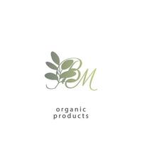 monogramme de logo bm avec feuille verte nature organique bio modèle de conception de vecteur de forme incurvée premium