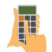 main tenant, à l'aide de l'icône de la calculatrice. comptable calculant les finances, comptant, appuyant sur les boutons avec le doigt. économie, concept comptable. illustration de vecteur plat isolé sur fond blanc
