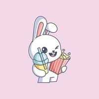 lapin mignon avec pop-corn et dessin animé de boisson vecteur