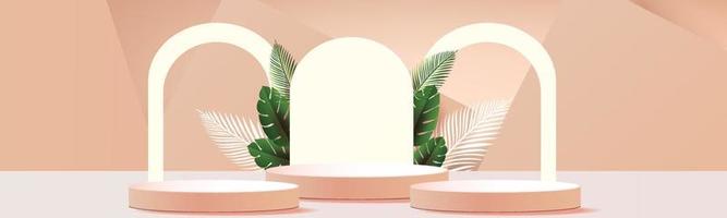 3d géométrique podium mockup feuille tropical netural concept pour vitrine fond vert abstrait scène minimale présentation du produit vecteur illustation
