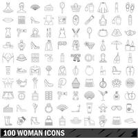 Ensemble de 100 icônes de femme, style de contour vecteur