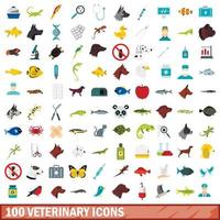 Ensemble de 100 icônes vétérinaires, style plat vecteur