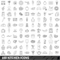 Ensemble de 100 icônes de cuisine, style de contour vecteur