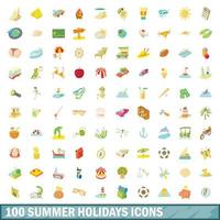 100 icônes de vacances d'été, style cartoon vecteur