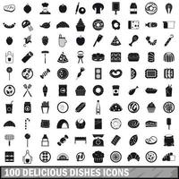 Ensemble de 100 icônes de plats délicieux, style simple vecteur