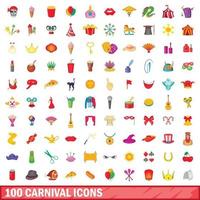 Ensemble de 100 icônes de carnaval, style cartoon vecteur