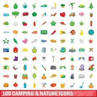 Ensemble de 100 icônes camping et nature, style dessin animé vecteur