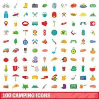 Ensemble de 100 icônes de camping, style dessin animé vecteur