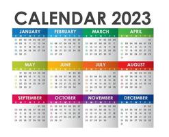 modèle de conception vectorielle coloré de l'année civile 2023, conception simple et propre. calendrier pour 2023 sur fond blanc pour l'organisation et les affaires. la semaine commence le dimanche. modèle vectoriel simple. eps10.