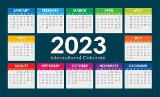 Vecteur de calendrier 2023, version internationale anglaise colorée