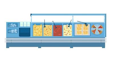 aire de restauration ou cantine avec différents aliments et ustensiles. isolé sur blanc. illustration vectorielle plane. vecteur