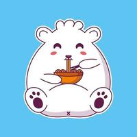 mignon heureux drôle ours blanc manger des nouilles vecteur
