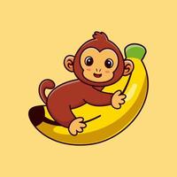 mignon singe câlin banane dessin animé vecteur premium