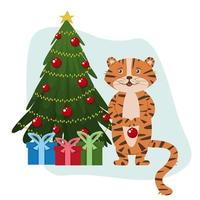 joli tigre décorant un sapin de noël pour les vacances vecteur