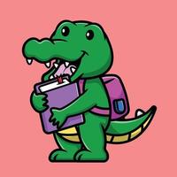 étudiant crocodile mignon tenant un livre et portant une illustration d'icône de vecteur de dessin animé de sac à dos. concept d'icône d'éducation animale isolé vecteur premium.