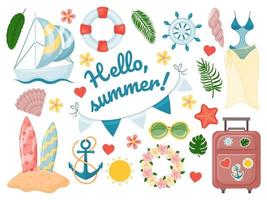 ensemble de jolie valise d'éléments d'été, feuilles de palmier, maillot de bain, voilier. voyage en mer. objets colorés amusants. isolé sur blanc. illustration vectorielle vecteur
