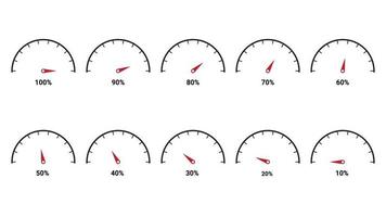 ensemble d'illustrations vectorielles d'infographie de compteur de progression, compteur pointant vers 10 20 30 40 50 60 70 80 90 100 pour cent vecteur