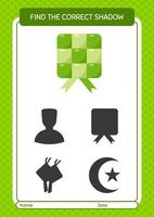 trouver le bon jeu d'ombres avec ketupat. feuille de travail pour les enfants d'âge préscolaire, feuille d'activité pour enfants vecteur