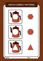 match pattern game avec théière arabe. feuille de travail pour les enfants d'âge préscolaire, feuille d'activité pour enfants vecteur