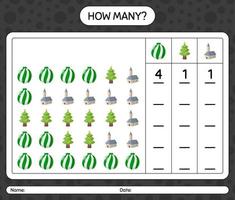 combien de jeu de comptage avec l'icône de noël. feuille de travail pour les enfants d'âge préscolaire, feuille d'activité pour enfants vecteur