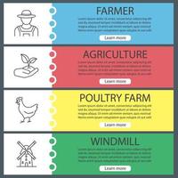 ensemble de modèles de bannière web agricole. fermier, poulet, pousse à la main, moulin à vent. éléments de menu couleur du site Web avec des icônes linéaires. concepts de conception d'en-têtes vectoriels vecteur